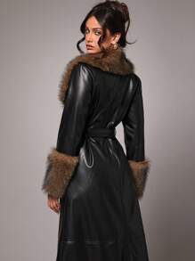 Silquee Women's Simple Daily Elegant Party Autumn And Winter Long-Sleeved Solid Color Black Stitching Fur Collar, Romantic Date With Autumn And Winter Base High-Quality Regular Jacket, The Heroine Is Full Of Aura - Black - View 5