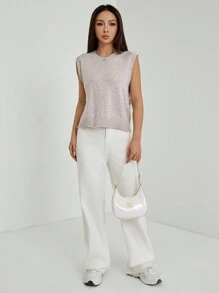 SHEIN PETITE Women's Spring & Autumn Casual Split Back Tie Knit Sweater Vest, Fall Clothes - Khaki - View 3