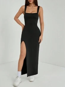 SHEIN PETITE Women's Solid Color Sleeveless Square Neck Split Thigh Long Bodycon Dress - Black - View 4