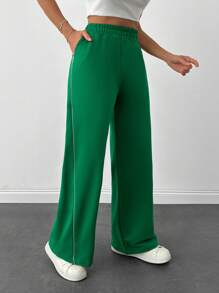 RueChic Cotton Jogging Bottoms With Plain Slanted Pockets, Wide Leg Cut - Green - View 3