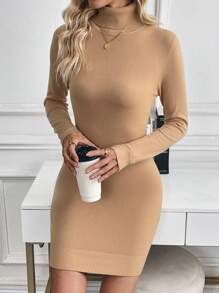 SHEIN Clasi Women High Neck Casual Long Sleeve Bodycon Sweater Dress Fall Cloth For Women - Khaki - View 5