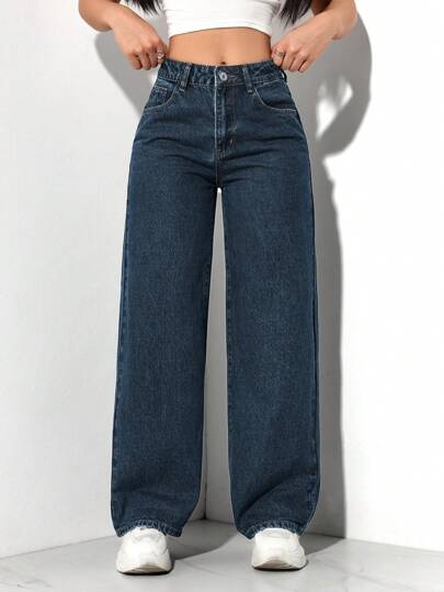 SHEIN PETITE Women's Minimalist Button Front Pocket Denim Pants, Casual Everyday Wear