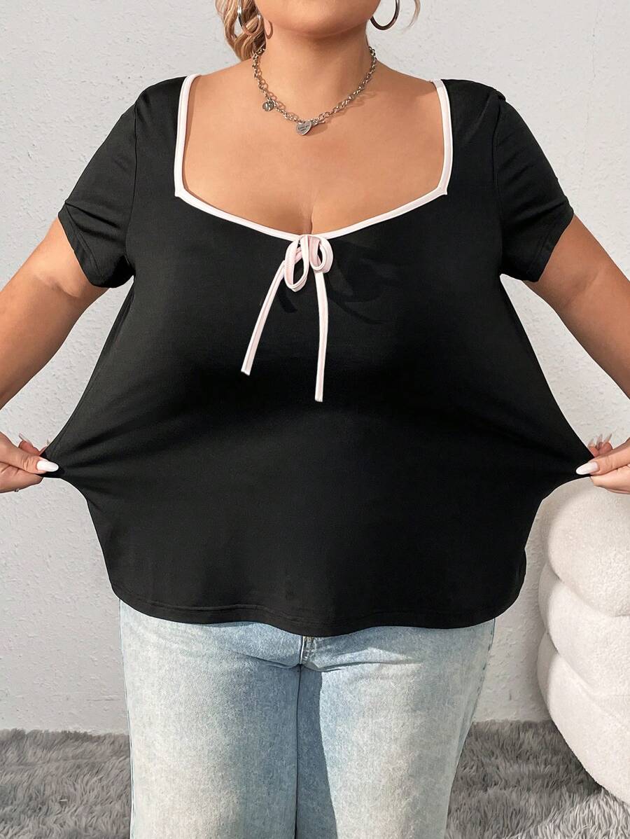 SHEIN CURVE+ Plus Size Solid Square Neck Short Sleeve Tie Bow Summer Tee