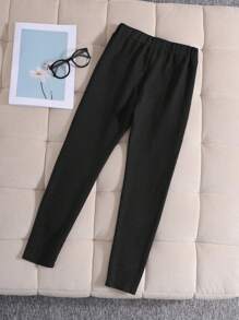 SHEIN Tween 女童纯色针织面料腰带装饰修身紧身裤