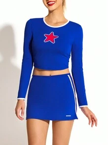 SHEIN Cheerettes 女士圆领长袖星星印花简约上衣和裙子运动套装，适合学校和啦啦队 - 藍色 - 查看 8