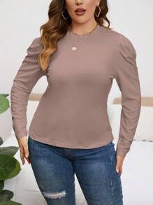 SHEIN Privé 大码女式纯色圆领泡泡袖休闲 T 恤，秋季 - 卡其色 - 查看 4