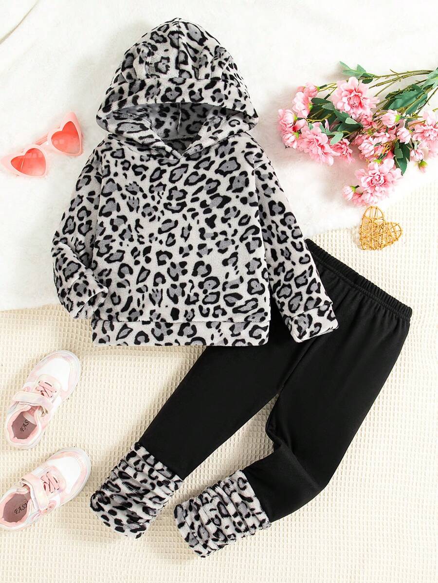 SHEIN Kleine Mädchen Set mit Kapuzenpullover und Leggings mit Leopardenmuster, lässig für Herbst/Winter - Verschiedenfarbig - Übersicht 1