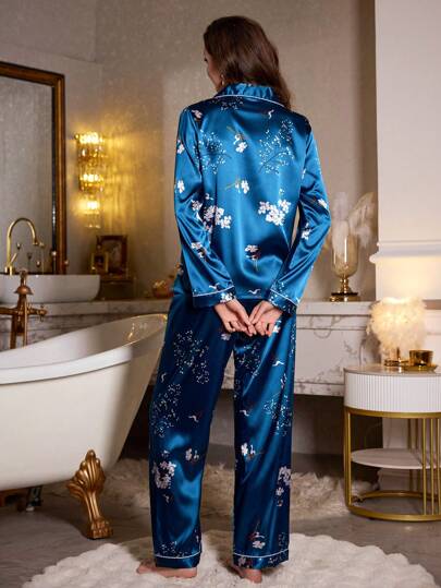 LuxeNights Bloemen Print Lapel Collar Long Sleeve Top Pants Pajama Set Women, Fall Clothes Cozy Elegante view 2