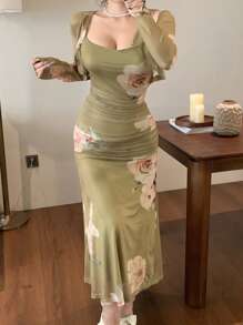 DAZY 2pcs Women Flower Print Minimalist Top And Dress Set, Long Sleeve - Green - View 9