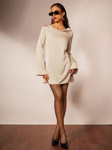 Forever 21 Women's Solid Color Draped Neck Elegant Long Sleeve Mini Dress - Apricot - View 5