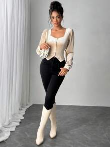 Chiquease Camicia in velluto retrò d'alta gamma con colletto quadrato, cardigan corto in vita, elegante per primavera e autunno - Cachi - Visualizzare 5