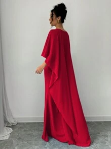 Elenzga 情人节红色披肩领亮片美人鱼优雅浪漫女士连衣裙 - 紅色 - 查看 3