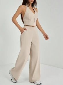 SHEIN PETITE Spring/Summer Office Lady V-Neck Sleeveless Top With Open Back & Wide Leg Pants, Slimming And Lengthening Outfit For Streetwear