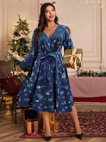 SHEIN LUNE Plus Size Women Christmas Tree Printed Woven High Heel Dress, Casual Long Sleeve Dress For Autumn/Winter