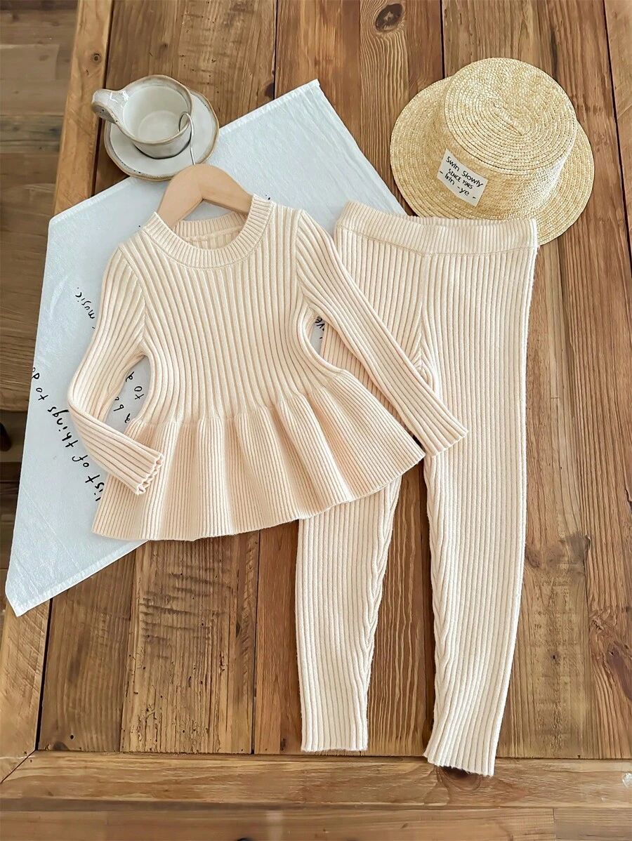 SHEIN Leap Crew Young Girl Daily Casual Solid Color Knitted Round Neck Long Sleeve Top And Extended Pants Set With Waist Cinching, Autumn/Winter - Apricot - View 1