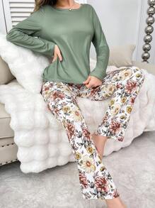 SHEIN 女士优雅纯色上衣搭配碎花长裤睡衣套装，秋冬服装 - 彩色 - 查看 6