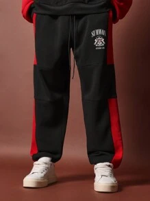 SUMWON Conjunto de 2 piezas con sudadera con capucha de ajuste regular con bloques de color y estampado gráfico y pantalón de chándal de ajuste recto con panel en la rodilla
