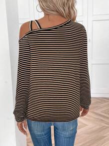 SHEIN LUNE Women's Casual Striped One Shoulder T-Shirt, Basic Autumn/Winter Daily Wear Winter Clothes For Women Casual Tops Long Sleeve Tops - Multicolor - View 2