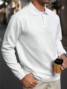 Manfinity Homme 大码男式纯色前扣长袖休闲 Polo 衫 - 白色 - 查看 3