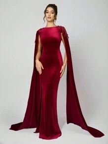 SHEIN Belle 女士优雅针织天鹅绒红色贴花褶皱腰正式晚礼服，圣诞礼服提花情人节鸡尾酒礼服，晚礼服正式派对礼服秋冬，性感网眼长袖伴娘礼服，舞会礼服，适合婚礼嘉宾，毕业典礼，晚宴 - 酒紅色 - 查看 1
