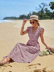 RueChic Ditsy Floral Print Butterfly Sleeve A-line Dress - Đỏ - Xem 4