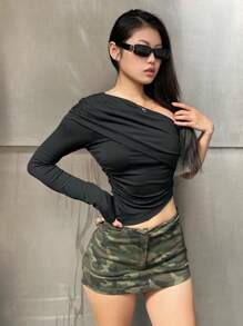 INAWLY Camiseta de manga larga con cuello en U asimétrico, de unicolor, elegante y de moda para mujer - Negro - Ver 4