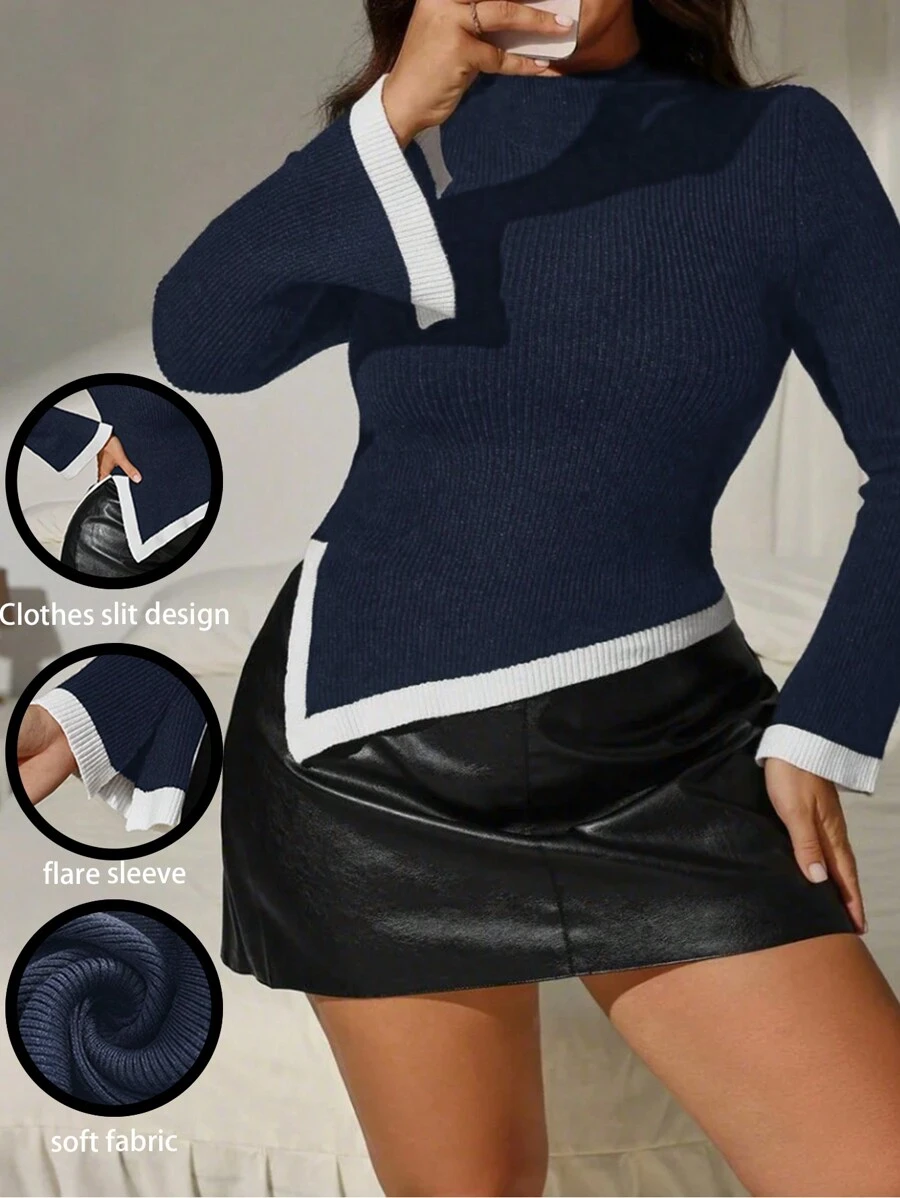 SHEIN Clasi Sweater Kasual Ukuran Besar dengan Blok Warna dan Hem Asimetris, Pullover Rajut Musim Gugur/Dingin - Royal Blue - View 1