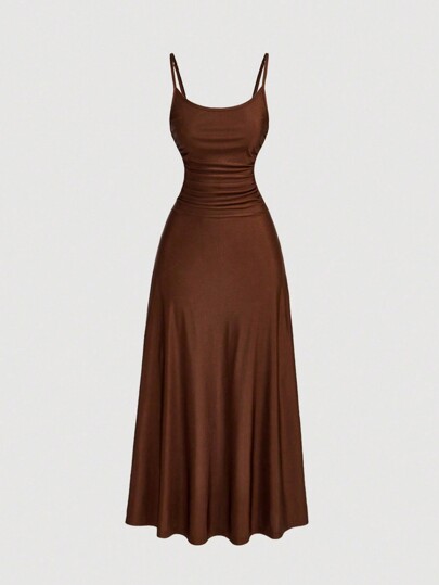 SHEIN MOD Women's Solid Color Ruched Waist Flared Hem Spaghetti Strap Dress,Semi Formal Dress,Elegant Tea Party Dress,Flowy Cruise Women Outfits,Summer Dresses For Women