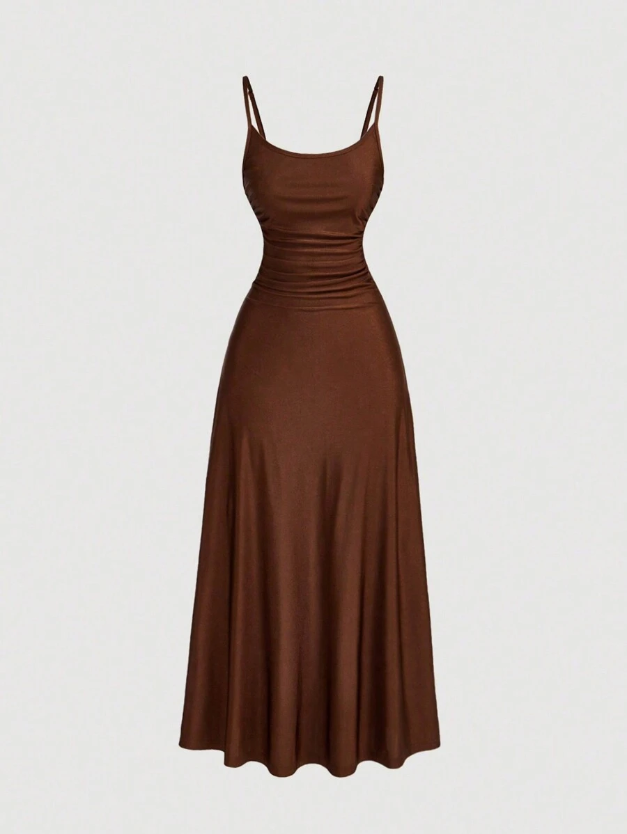 SHEIN MOD Women's Solid Color Ruched Waist Flared Hem Spaghetti Strap Dress,Semi Formal Dress,Elegant Tea Party Dress,Flowy Cruise Women Outfits,Summer Dresses For Women