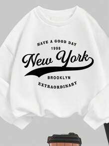 SHEIN Set de 2 piezas de sudadera con estampado de letras y pantalones con gráfico de dibujos animados para niñas, estilo minimalista casual, apto para otoño/invierno