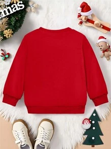 年轻男孩圣诞圆领运动衫，黑色鹿图案家庭装，带兜帽鹿角，围巾，礼品盒，星星，圣诞快乐 - 紅色 - 查看 2