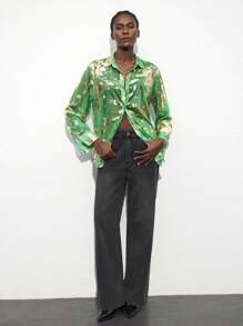 Maija 女士春夏烫金印花长袖优雅办公室衬衫宽松衬衫亮片金色上衣浪漫、时尚、百搭、适合夏季度假、舒适、波西米亚风格、沙滩装