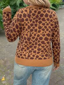 INAWLY Plus Size Leopard Pattern Round Neck Casual Long Sleeve Pullover Sweater Knit Pullover Fall Winter - Brown - View 2