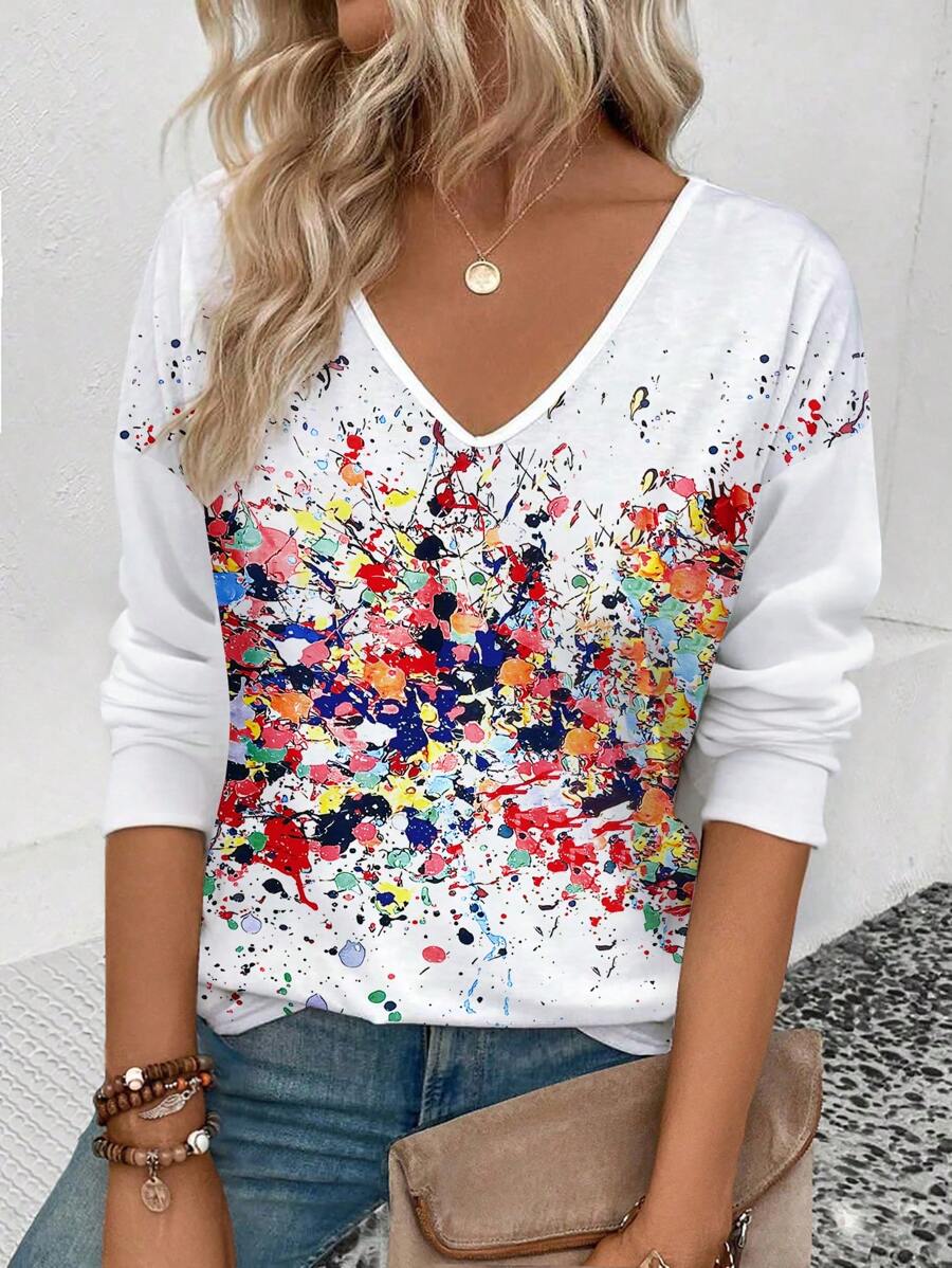 INAWLY 女士秋冬 V 领扎染印花长袖 T 恤图案 T 恤女士上衣春季服装 - 彩色 - 查看 1