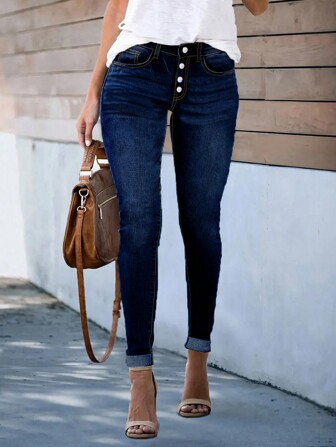 女式修身纽扣口袋弹力紧身牛仔裤