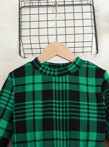 SHEIN Tween Girl Casual Knit Plaid Stand Collar A-Line Long Sleeve Christmas Dress
