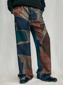 Manfinity VCAY Woven Men's Casual Loose Drawstring Waist Geometric Pattern Straight Leg Pants