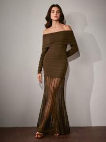 Anewsta Đầm bodycon hở vai họa tiết đuôi cá trong suốt thanh lịch dành cho nữ, dành cho tiệc thu và trang phục maxi đêm giao thừa - Màu nâu Sô-cô-la - Xem 5
