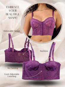 1 Pc Women's Lace Contrast Mesh Front Closure Underwired Push Up Lingerie Bra, For Valentine's Day