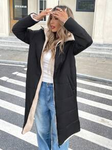 SHEIN Frenchy Women's Contrast Color Casual Zippered Long Sleeves Lined Teddy Padded Long Coat, Winter,Warmth Quilted Long Coat,Winter Clothes,Barn Jacket,Casual Everyday Wear,Commute,Minimalist - Black and White - View 1