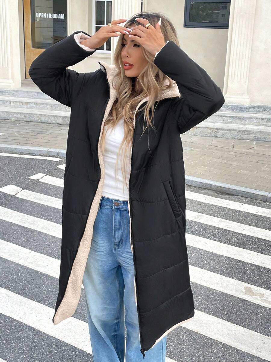 SHEIN Frenchy Women's Contrast Color Casual Zippered Long Sleeves Lined Teddy Padded Long Coat, Winter,Warmth Quilted Long Coat,Winter Clothes,Barn Jacket,Casual Everyday Wear,Commute,Minimalist - Black and White - View 1
