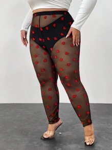 SHEIN CURVE+ Plus Size Women's See Through Heart-Shaped Pattern Tight Leggings, Sexy Valentine's Day Style, Suitable For Dating