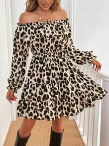 SHEIN Essnce Abito corto e mini con maniche lunghe, scollo a spalle scoperte, volant a più strati e stampa leopardata - Multicolore - Visualizzare 9