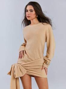 Athîral Women Solid Camel Color Twist Elegant Long Bow Detail Sleeve Mini Dress Valentine Dress Party Spring