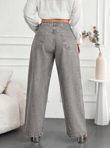 EURMUSE 100%Cotton Plus Zipper Fly Wide Leg Jeans - Grey - View 2