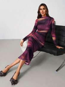 SHEIN Clasi 女士荷叶边扎染网眼针织中长紧身连衣裙，优雅 - 紫色 - 查看 3