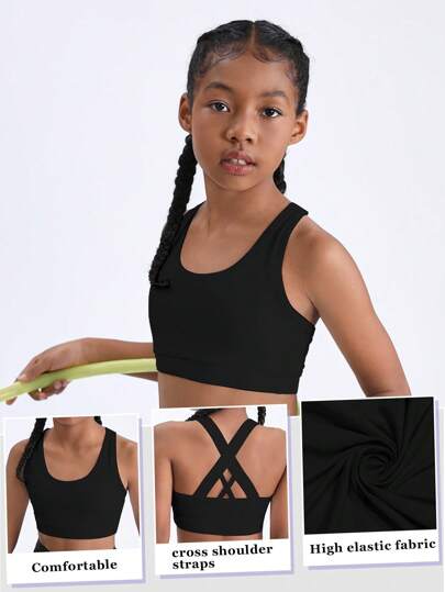 SHEIN Tween Girls Plain Minimalist Chic Casual Everyday Criss-Cross Sports Set, School, Campus, College