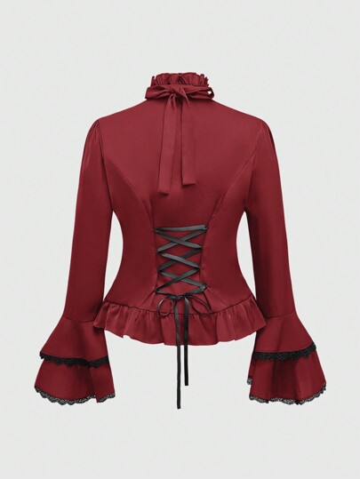 Goth Camisa para mujer de talla grande con estilo gótico vintage, cuello desmontable con volantes y lazo, colgante de cristal barroco, mangas acampanadas y cintura entallada