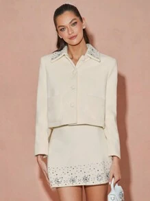 Enchnt Áo khoác trang trí đá Rhinestone màu trơn cho nữ, thời trang tối giản, mặc thường ngày - trắng - Xem 5