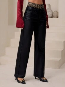 Women's Plain Color PU Leather Pants, Casual & Stylish For Daily Wear Fall Cloth For Women - Black - View 6